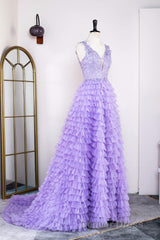 Lavender Plunging V Neck Appliques Layers Long Prom Dresses with Slit