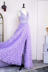 Lavender Plunging V Neck Appliques Layers Long Prom Dresses with Slit