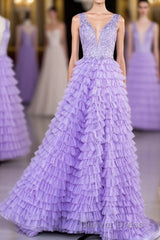 Lavender Plunging V Neck Appliques Layers Long Prom Dresses with Slit
