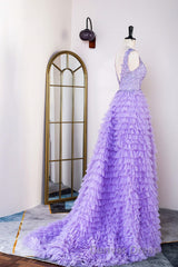 Lavender Plunging V Neck Appliques Layers Long Prom Dresses with Slit