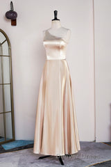 Champagne One Shoulder A-line Satin Tea Length Bridesmaid Dresses