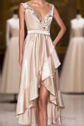Champagne Ruffled Faux-Wrapped A-line Hi-Low Bridesmaid Dresses with Sash