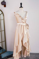 Champagne Ruffled Faux-Wrapped A-line Hi-Low Bridesmaid Dresses with Sash
