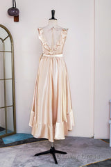 Champagne Ruffled Faux-Wrapped A-line Hi-Low Bridesmaid Dresses with Sash