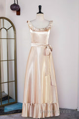 Champagne Sleeveless Ruffled A-line Tea-Length Bridesmaid Dresses with Sash