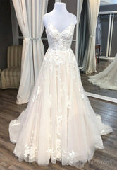 Champagne V-Neck Lace Long Prom Dresses, A-Line Evening Dresses