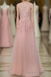 Pink Lace Tulle Long A Line Prom Dresses, Pink Evening Dresses, 1