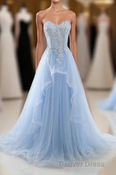 Light Blue Tulle Lace Long Prom Dresses, Formal Dresses