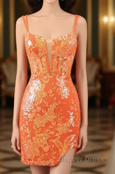 Orange Double Spaghetti Straps Glitter SequinTight Homecoming Dresses