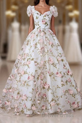 White V Neck 3D Flowers Long Prom Dresses, White Evening Dresses