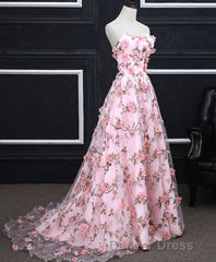 Pink Tulle 3D Flowers Long Prom Dresses, Pink Evening Dresses