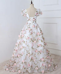 White V Neck 3D Flowers Long Prom Dresses, White Evening Dresses