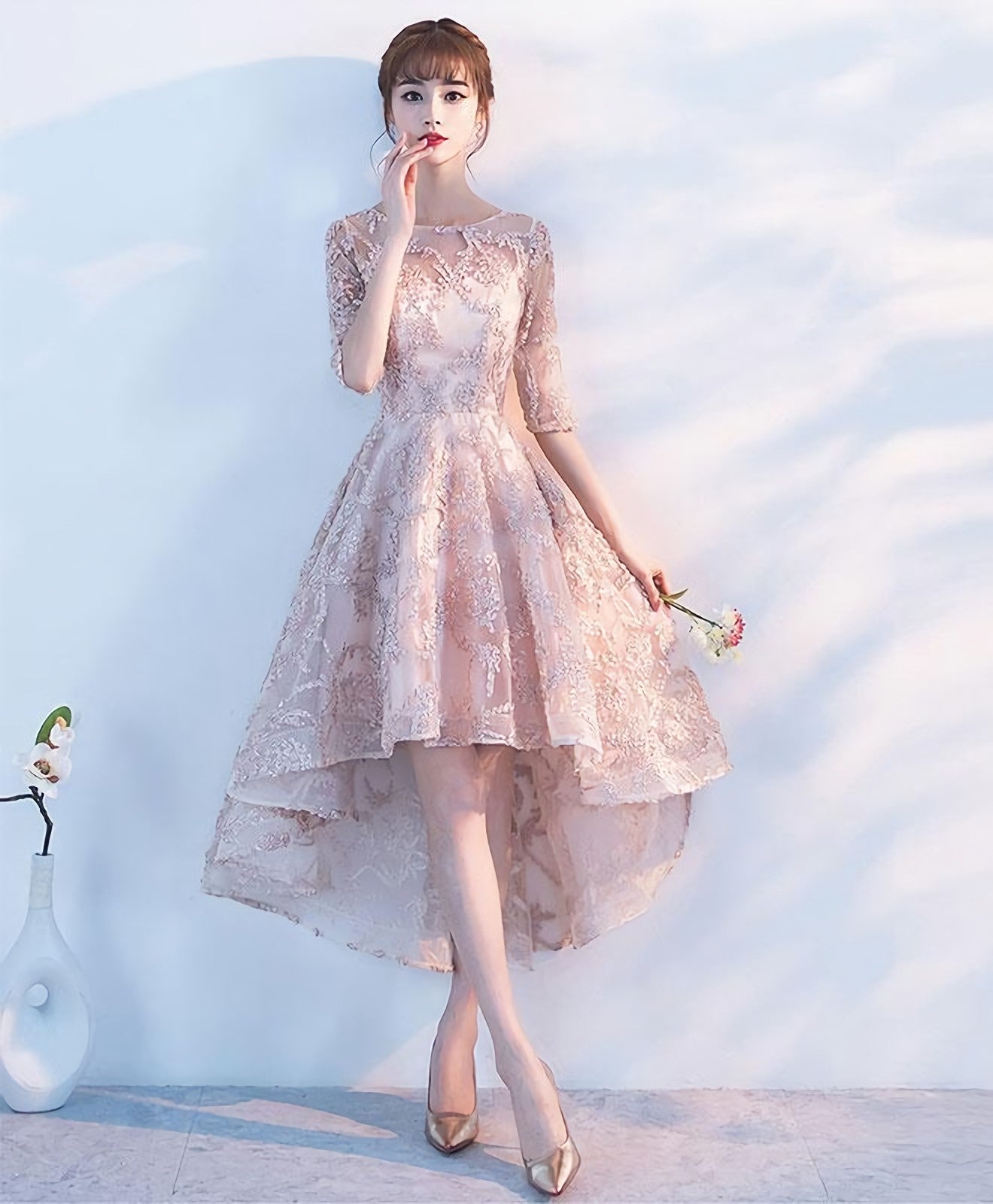 Champagne 1 2 Sleeve High Low Short Prom Dress Homecoming Dresses – Denver  Dress