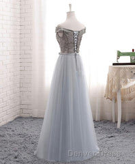 A Line Lace Tulle Off Shoulder Long Prom Dresses, Evening Dresses