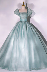 Green Tulle Floor Length Prom Dress, Lovely Short Sleeve Formal Evening Gown