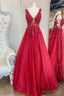 Red V Neck Tulle Lace Long Prom Dress, A Line Red Prom Dresses