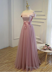 Pink A Line Off Shoulder Floor Length Prom Dresses, Lace Evening Dresses