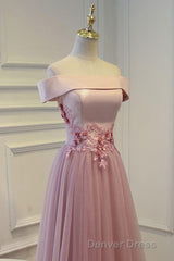 Pink A Line Off Shoulder Floor Length Prom Dresses, Lace Evening Dresses