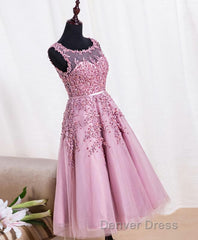 Cute Pink Lace Tulle Short Prom Dresses, Pink Evening Dresses