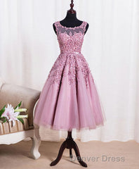 Cute Pink Lace Tulle Short Prom Dresses, Pink Evening Dresses