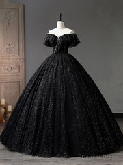 Black Tulle Long A-Line Prom Dress, Shiny Off Shoulder Evening Dress