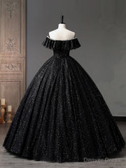 Black Tulle Long A-Line Prom Dress, Shiny Off Shoulder Evening Dress
