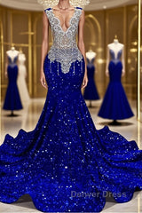 Royal Blue Sleeveless Mermaid Prom Dresses with Beadings and Sequins