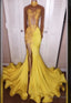 2026 Junoesque Yellow Split Mermaid Trumpet Long Sleeve Satin Prom Dresses
