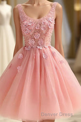 Cute A Line Pink Tulle Pearl Short Prom Dresses, Homecoming Dresses