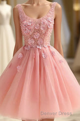 Cute A Line Pink Tulle Pearl Short Prom Dresses, Homecoming Dresses