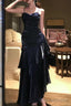 A Line Dark Blue Prom Dress features spaghetti straps Prom Dresses