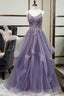 Purple Tulle A Line V Neck Spaghetti Straps Prom Dresses With Lace Appliques