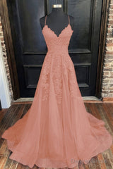 A-Line/Princess V-neck Sweep Train Tulle Evening Dresses With Appliques Lace
