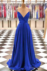 A-line V Neck Spaghetti Straps Sweep Train Charmeuse Prom Dresses With Pleated
