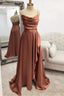 A Line Bateau Spaghetti Straps Long Floor Length Satin Prom Dresses With Pleated Split