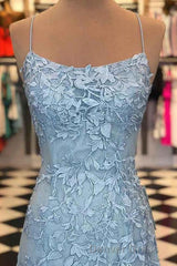 Blue Spaghetti Straps Backless Appliques Prom Dresses