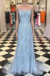 Blue Spaghetti Straps Backless Appliques Prom Dress