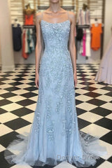 Blue Spaghetti Straps Backless Appliques Prom Dresses