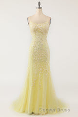 Blue Spaghetti Straps Backless Appliques Prom Dresses