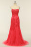 Coral Backless Long Prom Dresses with Appliques