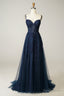 A Line Spaghetti Straps Navy Prom Dresses with Appliques