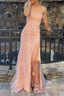Pink Strapless Lace Long Prom Dresses with Slit