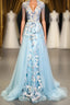 Modest Square Neckline Beading Appliques Sky Blue Long Prom Dresses Pageant Gowns