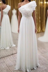 Elegant Ruffles One Shoulder Long Prom Dresses, Chiffon Long Formal Dresses