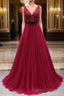 Elegant A Line V Neck Long Prom Dress Tulle Appliques Beaded Prom Dresses