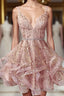 Cute Sequins Pink Homecoming Dress V Neck Beaded Short Prom Dresses