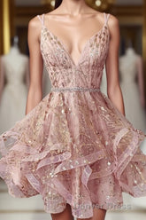 Cute Sequins Pink Homecoming Dresses V-neck Beaded Short Prom Dresses