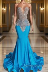 Ocean blue sleeveless mermaid prom Dresses with long beadings