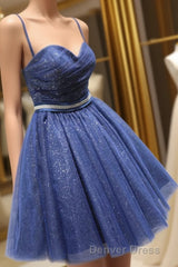 Glitter Sweetheart Blue Short Prom Homecoming Dresses With Beading