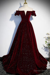 Burgundy Velvet Long Prom Dresses, Off the Shoulder Formal Evening Dresses
